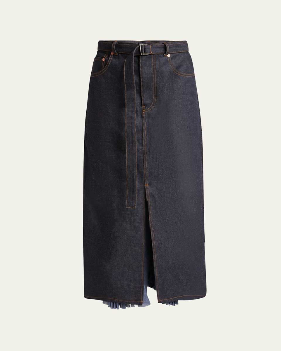 Pleated Back Denim Belted Midi Skirt